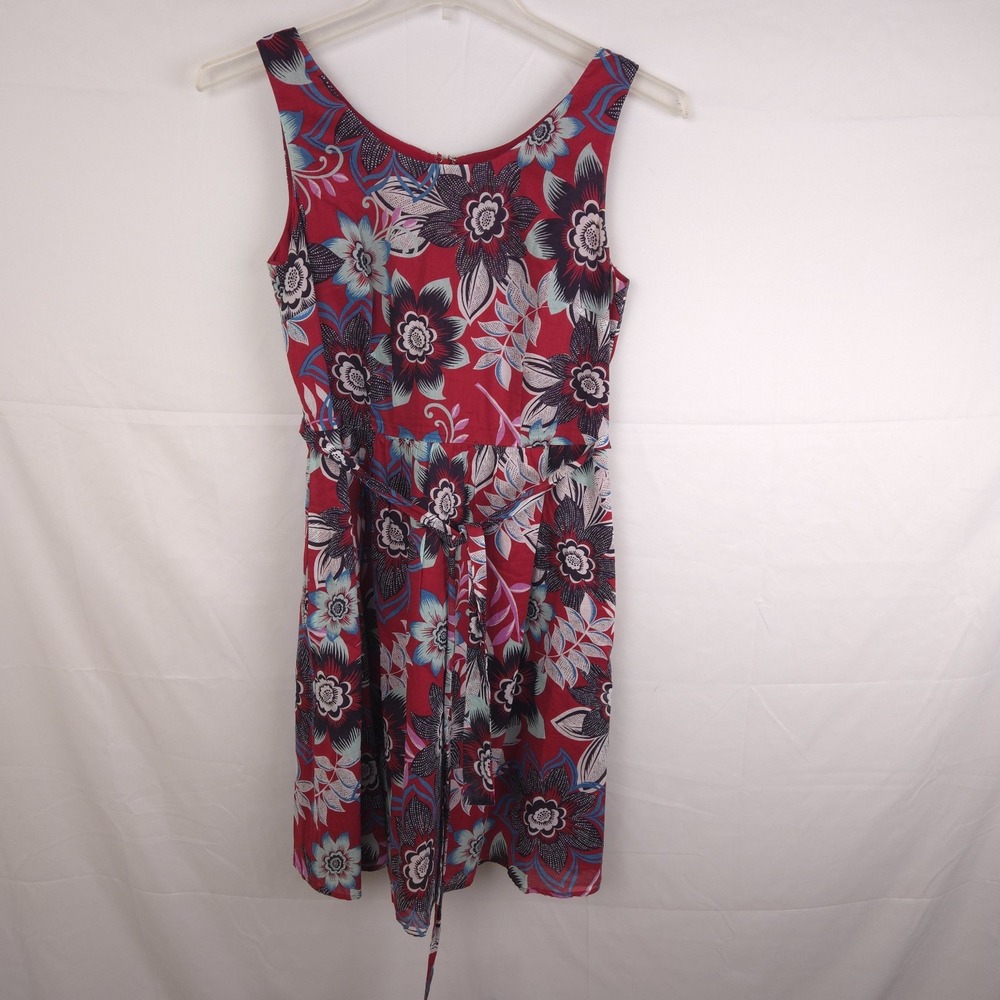Talbots Women Size 8P Sleeveless Red‎ Floral A-Line Dress Tie Waist Garden Party